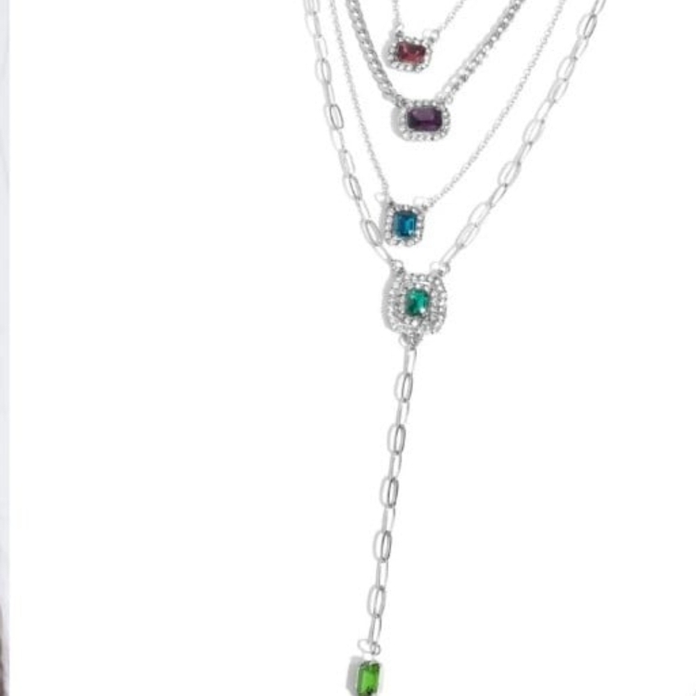 Dazzle and Stretch - Multi Color Gem Silver Layered Short Necklace - Paparazzi